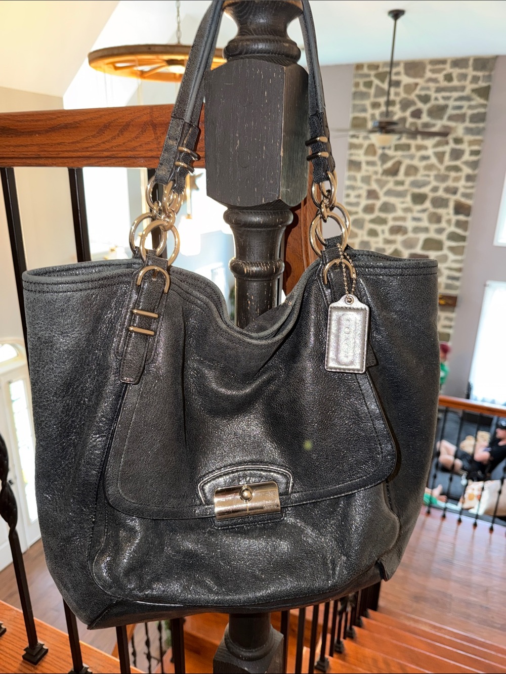 Coach Kristin Pinnacle NS Tote Shiny Black Leather with silver Hardware